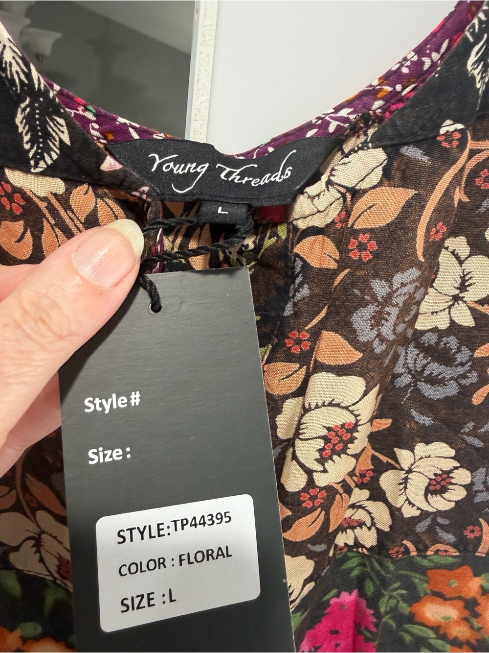 Young threads Boho Floral Patchwork Tank Top - Brown with Orange & Pink Floral - Picture 2 of 3